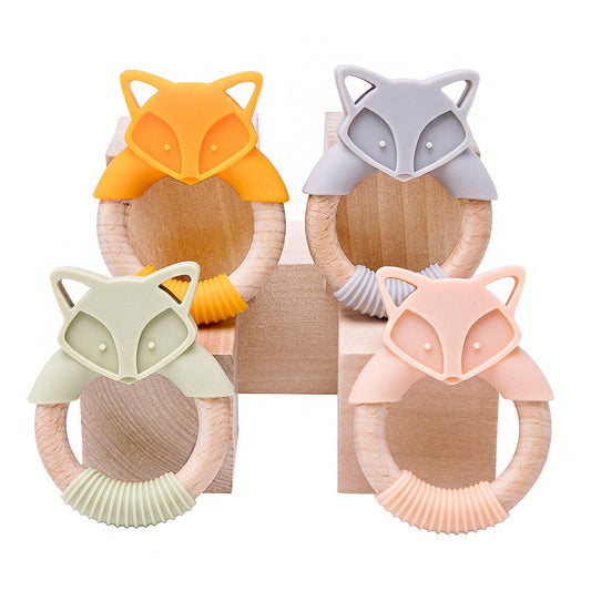 1Pc Baby Fox Wooden Teether Animal Ring Silicone Rodent Beech Wooden Ring Baby Pacifier Pendant Nurse Accessories Toys for Kid